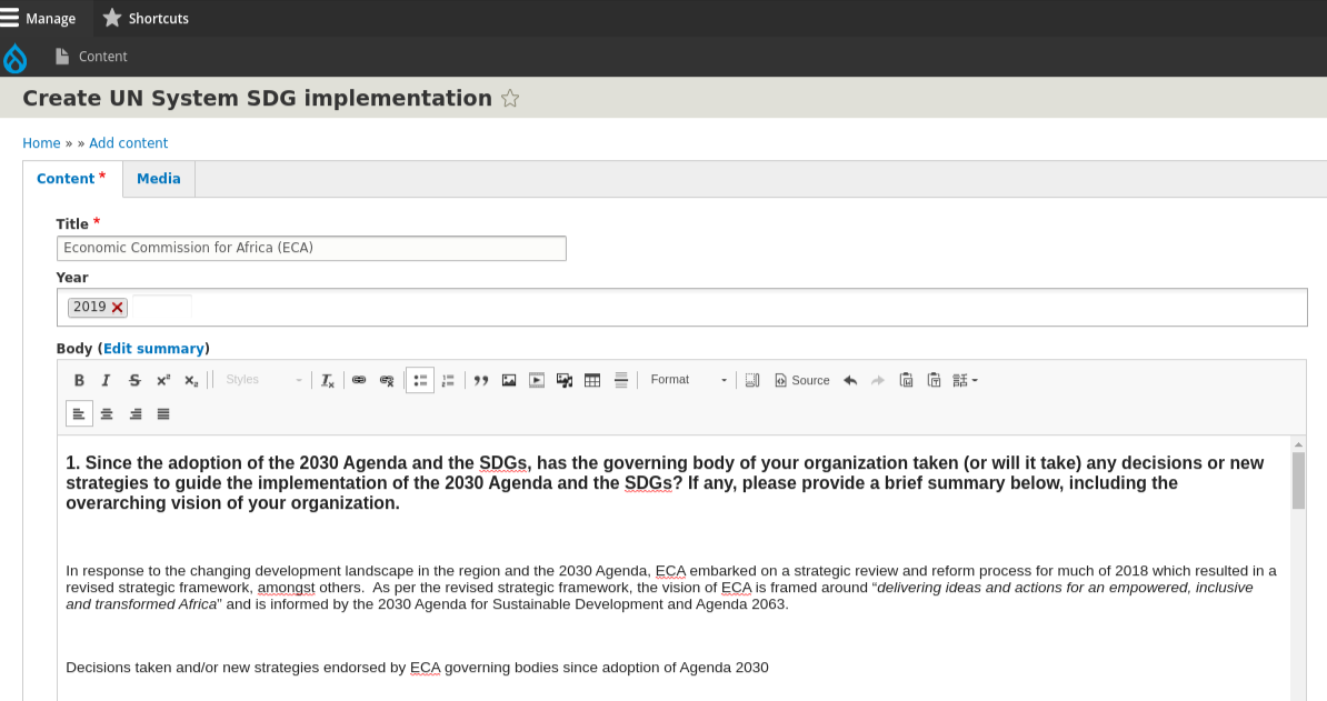 Example of adding a UN System SDG Implementation entry